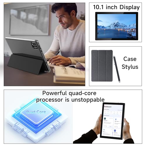 Image of NOVOJOY Tablet 10 Inch Android Tablets with Case and Stylus Android 15 Tablet with Cover 2MP+8MP Dual Camera 6000mAh Battery 12GB RAM(4GB+8GB Expansion) 64GB ROM 5Gwifi-6 10.1 inch Tablets (Black)