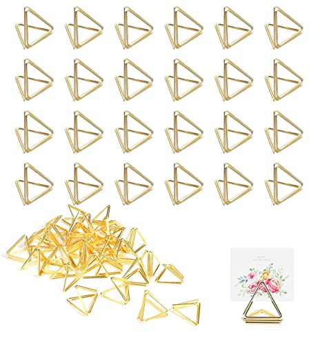 Rifrpha 36 Piezas Soporte para Tarjetas de Lugar Clips de Tarjetas de Mesa Triángulo Titulares de Tarjetas de Lugar Triangulares Mini Portatarjetas de Lugar para Bodas, Cumpleaños, Restaurante (Oro) Cover