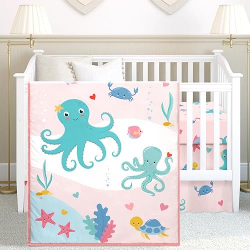 Peryiter 3 Pcs Pastel Octopus Ocean Crib Bedding Set Mist