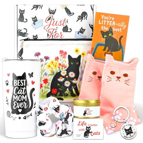 Cat Lover Gift Set for Women - 9-Piece Kit with Tumbler, Candle, Bag