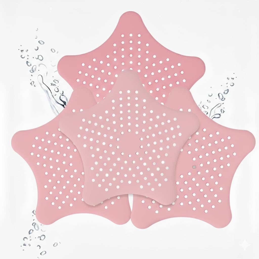 Drain Hair Catcher 3 Pack - Star Shaped Silicone Drain Cover with Strong Suction Cups - Kitchen Bathroom Shower - Prevents Clogs - 5.9 Inch (Pink)