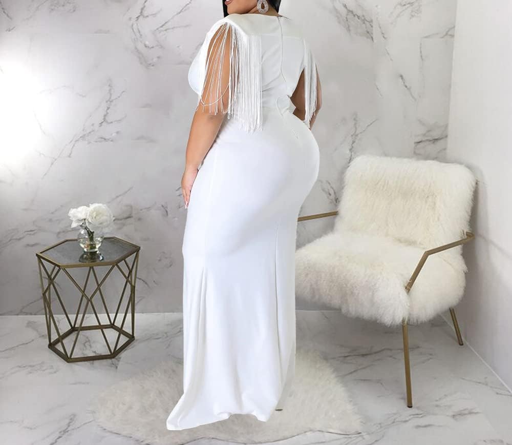 Cololura Women's Elegant V Neck Tassels Plus Size Fishtail Floor-Length Bodycon Evening Maxi Dress Formal Party Dress - Image 3