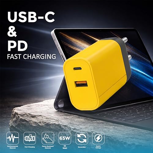 Image of Premium 45W GaN (USB & Type-C) Dual Port Super Fast Charger, Power Delivery 3.0 & USB-A Fast Charging Adaptor with Type-C to C Braided Cable for iPhone, Android & Other Type C Devices (Yellow)