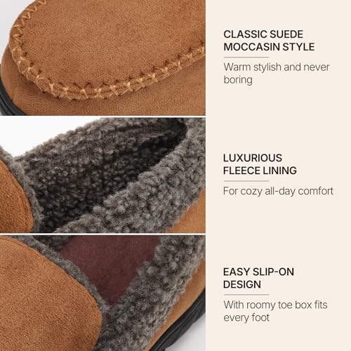 Image of Men's Moccasin House Slippers Memory Foam Suede Plush Indoor Bedroom Shoes | Fuzzy Non-Slip Warm Winter Comfy Cowboy Slippers for Indoor Outdoor Home Dad Husband Grandpa Gifts Black Brown Grey