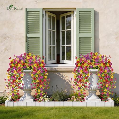 Der Rose UV Resistant Artificial Hanging Flowers for Outdoors, 2 Pcs Silk Cascading Hanging Flowers Faux Flowers for Outdoor Planters Porch Fence Garden Decor ASIN B image 4