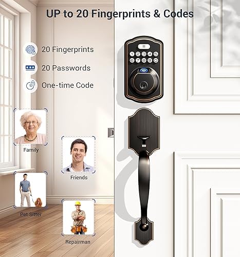 Veise Fingerprint Door Lock Set, Keyless Entry Door Lock, Front Door Handle Sets, Electronic Keypad Deadbolt with Lever Handle, 2 Keys, Auto Lock, Code Door Lock, Easy Install, Oil Rubbed Bronze 4 51+REn9w7mL. AC