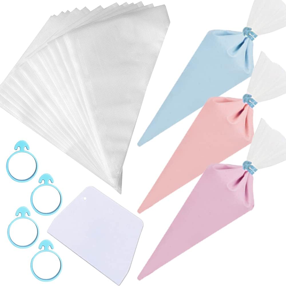 SNAIL GARDEN205 Pcs Clear Plastic Pastry Icing Bag Set,200 Pcs 12 inch Piping Bag+4 Icing Bag Ties+1 Icing Smoother,Fit All Nozzles & Couplers,for Cake Decoration, Cookies, Dessert