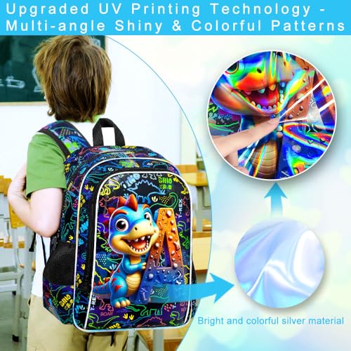 Image of 16 inch Dinosaur Backpack, 3Pcs Boys Bookbag with Lunch Box, Kids School Backpacks Set for Elementary Preschool Kindergarten (Balck)