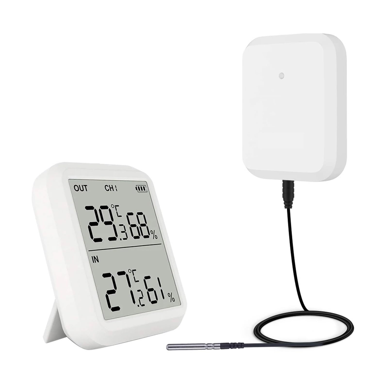 Stacja pogodowa z termometrem i higrometrem, duży podświetlany wyświetlacz LCD, jednostka zewnętrzna i wewnętrzna do kuchni i podwórka, 2 jednostki zewnętrzne