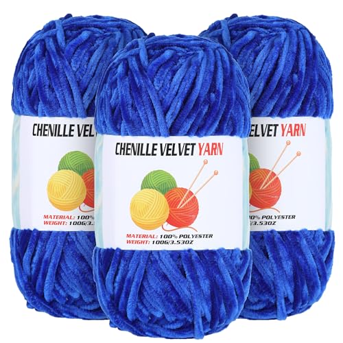3 * 100g Velvet Chenille Chunky Yarn for Crocheting Handcrafts Weaving Soft Chenille Yarn for Crocheting Clearance Used for Making Baby Yarns Blanket Clothes Knitting Creations (Sapphire Blue)