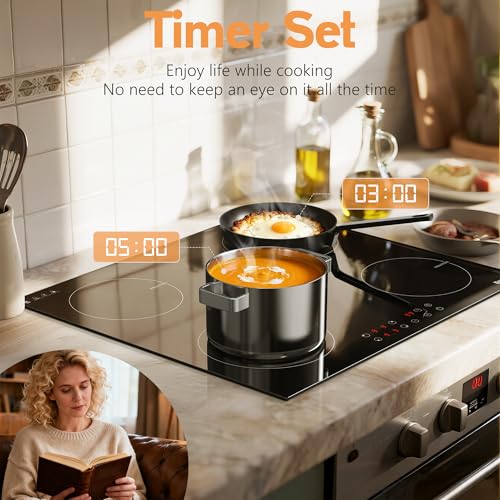 Karinear Plug in Induction Hob, 4 Zones Electric Hob 60cm, with Touch Control 9 Power Level & Child Safety Lock, Timer, Black Crystal Glass - Image 3