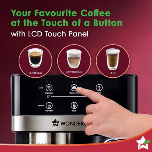 Image of Wonderchef Regalia Automatic Coffee Maker, 20-bar with Auto-Frother, Make Espressos, Cappuccinos & Lattes at Home, With Milk Container & Steamer, Metal Porta Filter, Auto-clean, 2-Yr Warranty