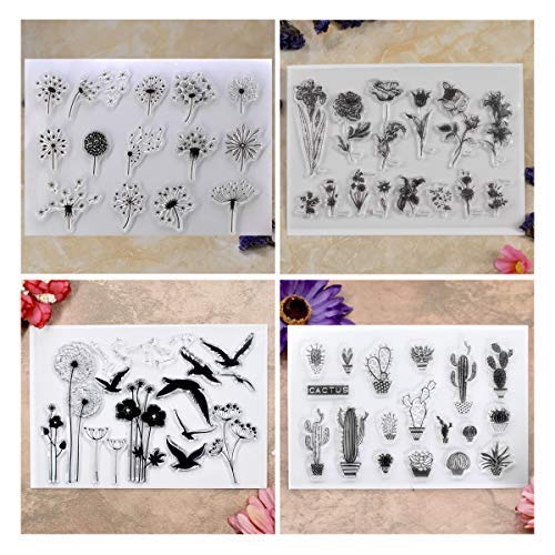 Kwan Crafts 4 hojas diferentes estilo diente de león Cactus flores transparente sellos para hacer tarjetas decoración y DIY Scrapbooking Cover