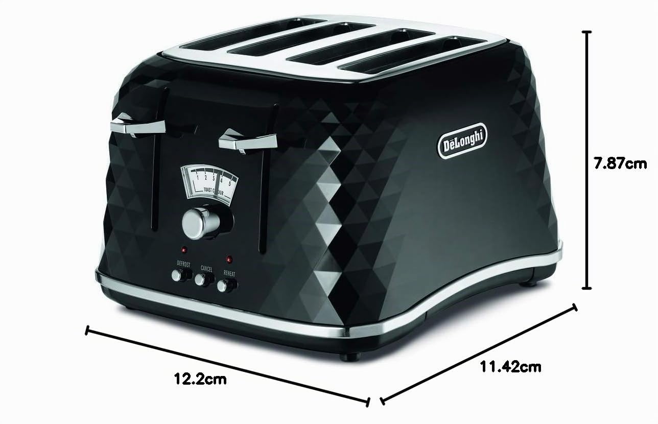 De'Longhi Brilliante Tostadora de 4 ranuras, recalentamiento, descongelación y 6 ajustes de bronceado, bandeja de migas extraíble, CTJ4003W, color blanco tostadora negro negro