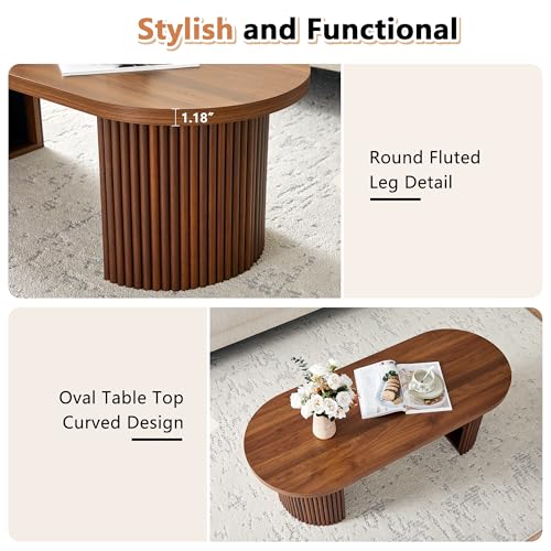 Image of Oval Fluted Coffee Table, 47 inch Farmhouse Wood Coffee Table Mid Century Modern Center Table Boho Living Room Tables for Living Room Office,Walnut