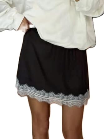 Women Lace Satin Mini Skirts Elastic Waist Lace Trim Patchwork Skirts Low Rise Silk Slip Aesthetic Lounge Bottoms