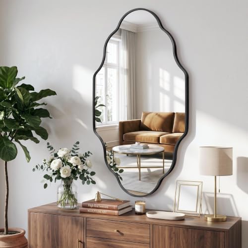 Image of Scalloped Black Bathroom Mirror, Irregular Wall Decorative Mirror | Brushed Metal Frame, HD Glass Decorative Mirror for Wall Decor, Vanity Mirror for Living Room Entryway (24 inch x 36 inch, 2 Pack)