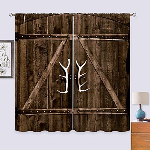 Cinbloo Wooden Barn Door Curtains Rod Pocket Rustic Farmhouse Barnwood Vintage Country Garage Western Bedroom Decor Antler Barnhouse Printed Living Room Window Drapes Fabric 2 Panels 42W X 63L Inch #TOP3
