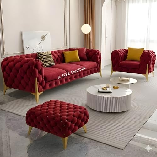 Image of A to Z Furniture Modern Classic Fabric & Valvet Tufted Chesterfield Sofa Living Room and Office (3+1= 4 Seater Sofa Set with Footrest Maroon)