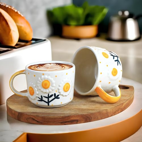Image of Hoomi | Floral Daisy Design Sunflower Ceramic Coffee Mug Set of 2, Aesthetic Tea & Coffee Cups, Glossy Finish, Microwave & Dishwasher Safe, Bone Ash Free Drinkware for Home & Office