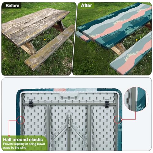Image of Picnic Table Cover with Bench Covers 6FT 3 Pcs Waterproof Windproof Aesthetic Camping Tablecloth with Drawstring Bag, Fitted for 6 Foot Rectangle Tables and Seats, 72 inch, Pink Green Mountains