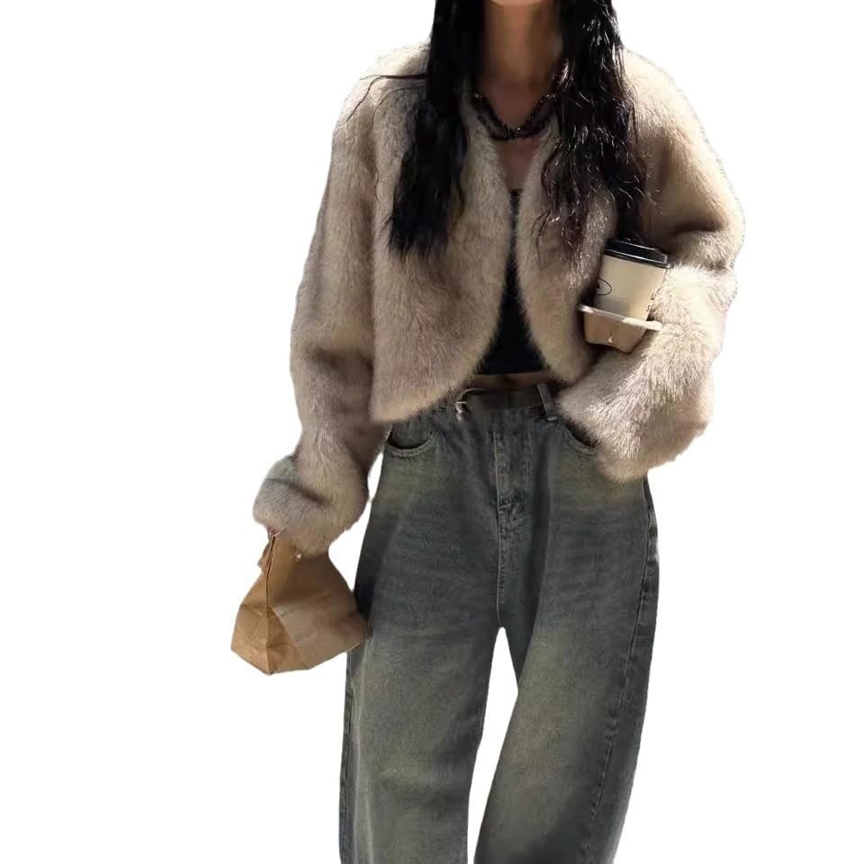 Women's artificial fur coat, winter thick warm jacket, fluffy plush cardigan