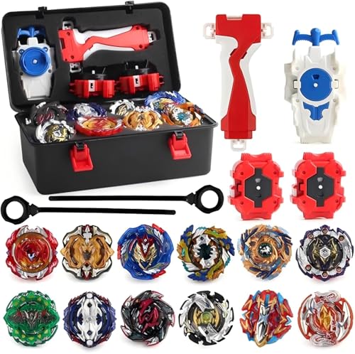 3T6B Peonzas Juguetes Conjunto, 12 PCS Turbo Burst Gyro Spinners y 2 Lanzador Set con Caja Portátil, Cumpleaños, Navidad Regalo, Juguetes Niños (Gris)