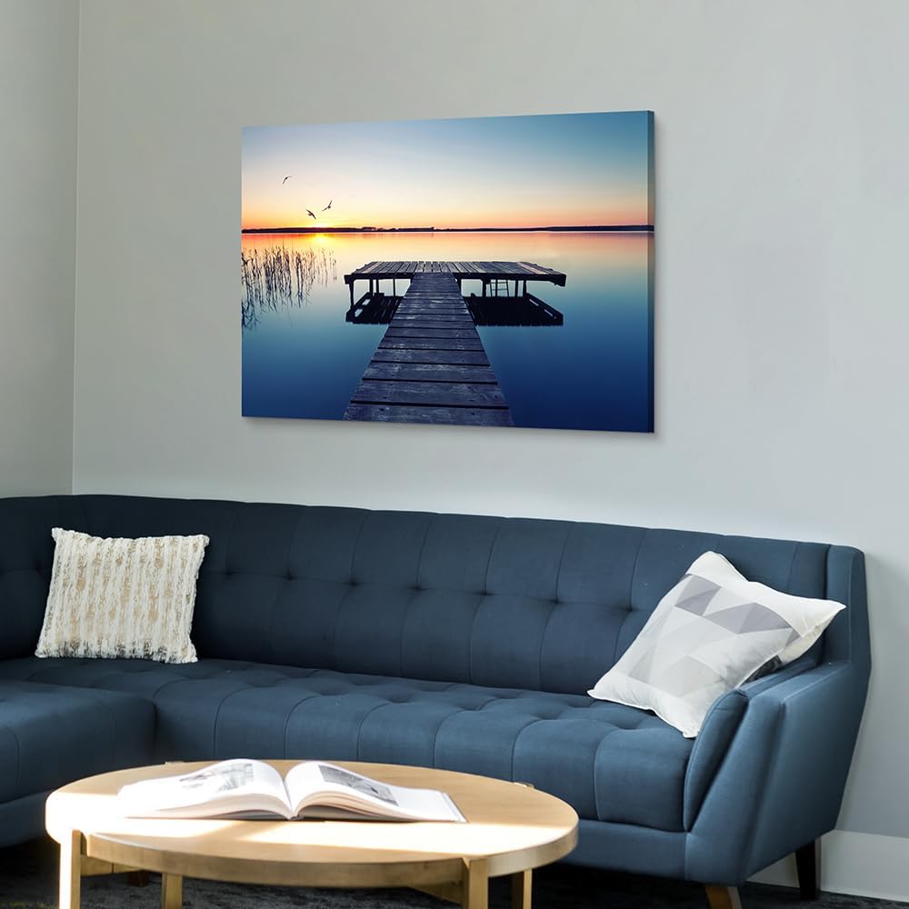 Hardy Gallery lake wall art pier picture: scenic nature canvas wall art lake scene artwork dock scenery wall decor painting - sunset landscape prints for bedroom house 45"x30"