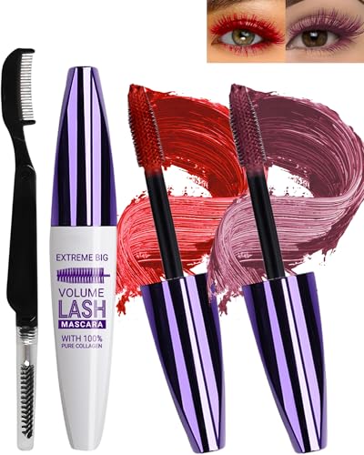 5D Seidenfaser Wimpern Wimperntusche Wasserfest mit Wimpernkammbürste, 2 Farben Rote und Burgunderrot Waterproof Mascara,Verlängerndes,Voluminöses,Langlebiges,Cosplay Party Use Bunt Augen Make up-7+8
