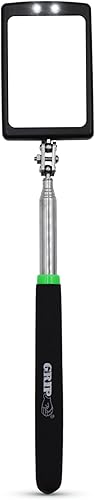 GRIP Espejo de inspección LED telescópico – Se extiende de 11 a 34 pulgadas – Acero inoxidable – Luces LED gemelas – Espejo de rótula doble de 2.5 x