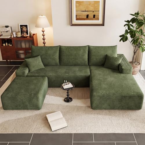 Image of 95 inch Cloud Sectional Couch with Ottoman,Modern U-Shaped Cloud Couch with Deep Seat,Comfy Corduroy Sofa,Memory Foam Sofa for Living Room,No Assembly (Green,Right-Facing Chaise)