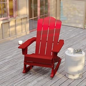 Flash Furniture Newport Adirondack Rocking Chair with Cup Holder Weather Resistant Poly Resin Adirondack Rocking Chair Red