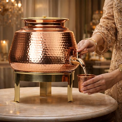 Image of Artarium Hammered Pure Classic Copper Water Dispenser with Stand & Tap (5 litres), Copper Water Storage for Kitchen & Dining