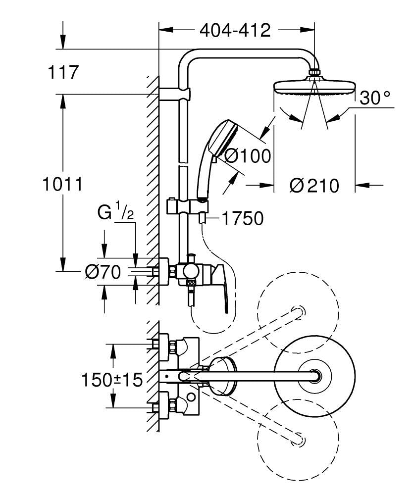 GROHE Tempesta Cosmopolitan 210 - Columna de ducha con monomando (montaje en pared, brazo de ducha de 390 mm, altura ajustable, sistema antical), cromo, 26224001