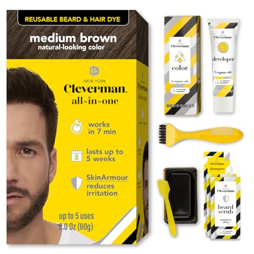 Cleverman Hair & Beard Dye Kit for Men, All-in-One Reusable Mens Hair Color, Natural Gray Coverage, Ammonia-Free Beard Mustache Dye for Men, Medium Brown