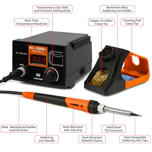 Image of 939D+ Digital Soldering Station, 100W Equivalent Soldering Iron Kit with PID Temperature Control (392F-896F), F /C Display, Fast Heating, ESD Safe, Lead Free Accessories (Orange)