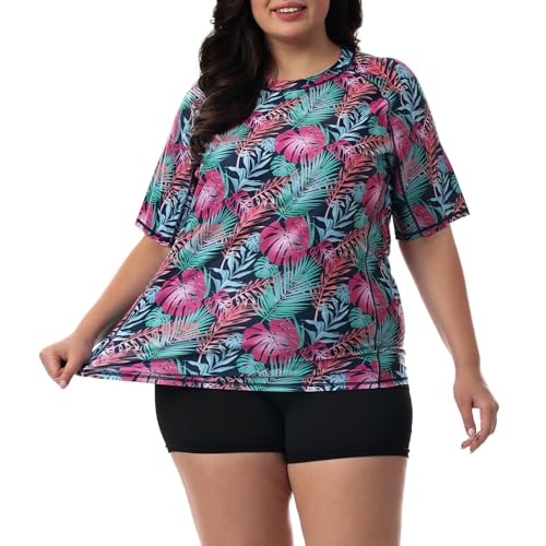 HODOSPORTS Womens Plus Size Rash Guard UPF 50+ Swim Shirt Sun Protection Swimsuit Top Short Sleeve Tropical Leaves 3X