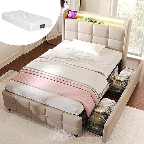 Arhatreya Cama tapizada de 90 x 200 cm, cama individual con función de carga USB, cama de almacenamiento con 2 cajones, estructura de cama con somier, cama con LED para adolescentes y adultos (con