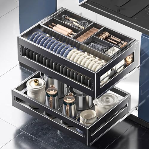 Organizador de cajones extraíble resistente para armarios de cocina, solución de almacenamiento de 2 cajones, 52 cm de profundidad, ideal para despensa y cocina, maximiza el espacio y la eficiencia