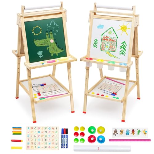 Caballete para Niños 3 en 1, Caballete Pinturas con Rollo Papel, Altura Ajustable Doble Cara Pizarra blanca y Pizarras con Números y Otros Accesorios para 2 3 4 5 6 años