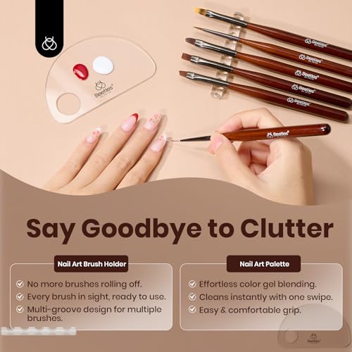 Image of Beetles Gel Polish Nail Art Brushes, 6 Pcs Fingernail Art Design Pens, Nail Art Tools, Wood Alloy Handle Nail Brushes, Clean Up Liner French Set with Holder&Palette DIY Gift for Women