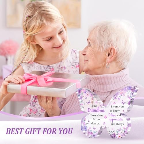 Image of Gifzy Gifts for Grandma, Grand ma Birthday Gift, Unique Purple Butterfly Acrylic Plaque Desk Decor, Grandma Birthday Mothers Day Thanksgiving Grandparents Day Gifts for Grandmother Nana, 5 x 5 x 0.5 inches