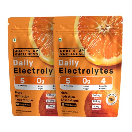 Image of What's Up Wellness Daily Electrolytes - Zesty Orange Flavour | Zero Added Sugar | Instant Hydration - Sodium, Potassium, Magnesium & Zinc | Vegan - 30 Sachets | Pack of 2