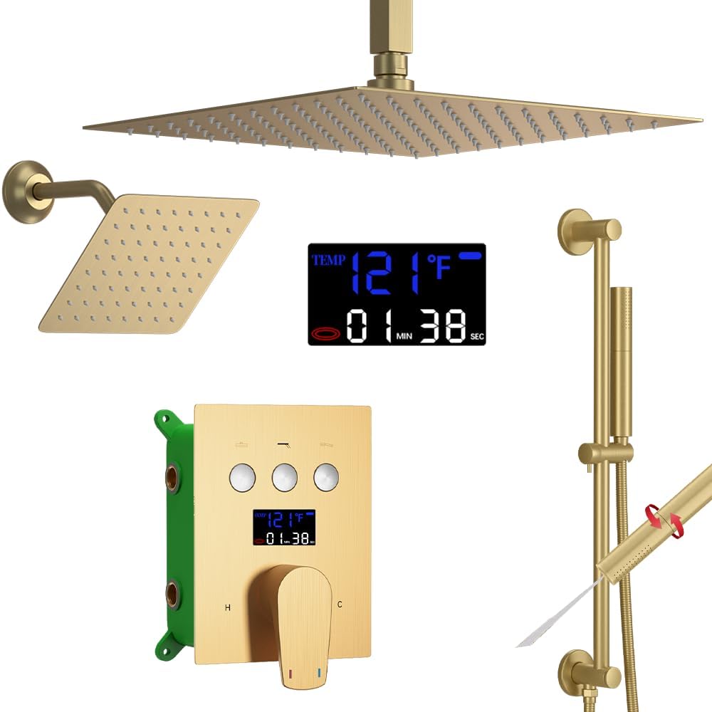 AYIVG Brushed Gold Dual Shower Heads System with 12 And 8 Inch Rainfall and 2 in 1 Handheld Spray Wand Adjustable Slide Bar Ceiling Mount Shower Faucet Temperature Display Button Shower Set