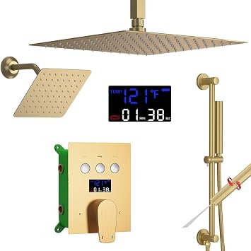 AYIVG Brushed Gold Dual Shower Heads System with 12 And 8 Inch Rainfall and 2 in 1 Handheld Spray Wand Adjustable Slide Bar Ceiling Mount Shower Faucet Temperature Display Button Shower Set