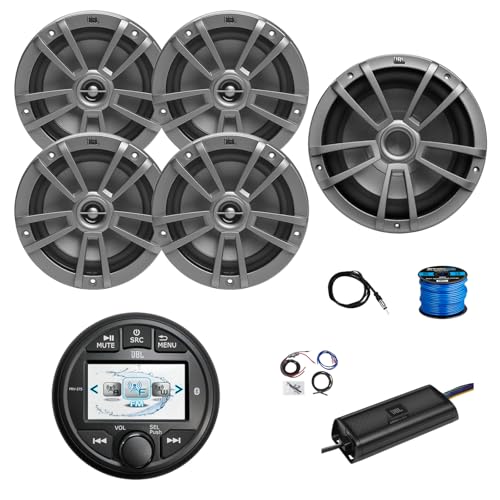 Marine Gauge Style Bluetooth AM/FM/WB Radio, 4X 6.5 180 Watt 2-Way Multi-Element Audio Speakers (Gray), Wire, Antenna, 10