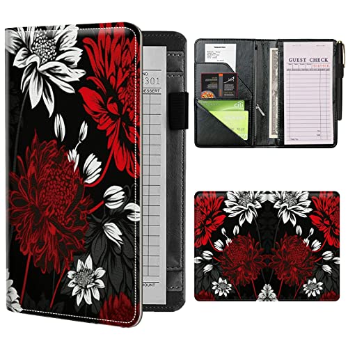 Server Books for Waitress Waiter with Zipper Pocket, Dark Red Flower Leather Server Pads Waitstaff Organizer Guest Check Presenters Server Wallet Money Holder Pouch Fit Apron