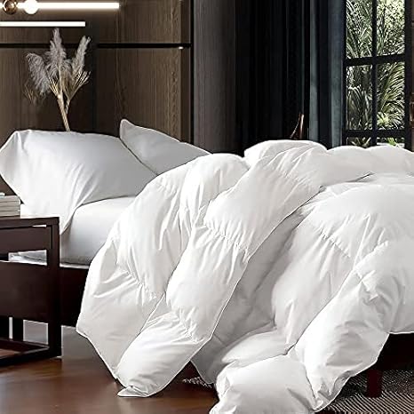 Luxurious King/California King Size Goose Down Fiber Waterfowl Feather Fiber Comforter Duvet, 100% Egyptian Cotton Cover, 58 oz. Fill Weight, Baffle Box Design, White Solid Luxurious King/California King Size Goose Down Fiber Waterfowl Feather Fiber Comforter Duvet, 100% Egyptian Cotton Cover, 58 oz. Fill Weight, Baffle Box Design, White Solid
