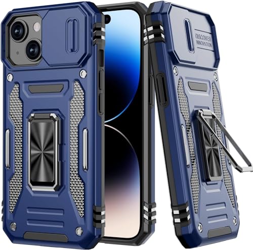 Image of Polycarbonate Back Cover Case Compatible for Apple iPhone 15 with Slide Camera Cover & Rotated Ring Kickstand | Military Grade Mobile Phone Cover Case for Apple iPhone 15 (Blue)