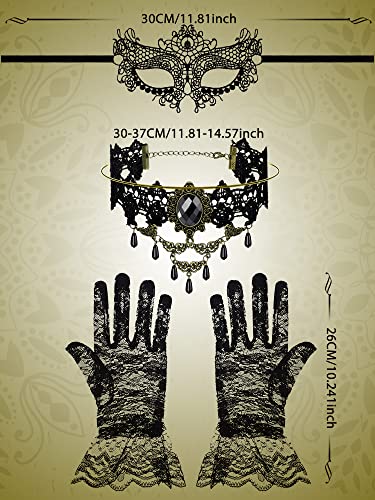 Boao Halloween Masquerade Costume Set for Women, Lace Masquerade Mask Gloves Gothic Choker Necklace Cosplay Accessories4